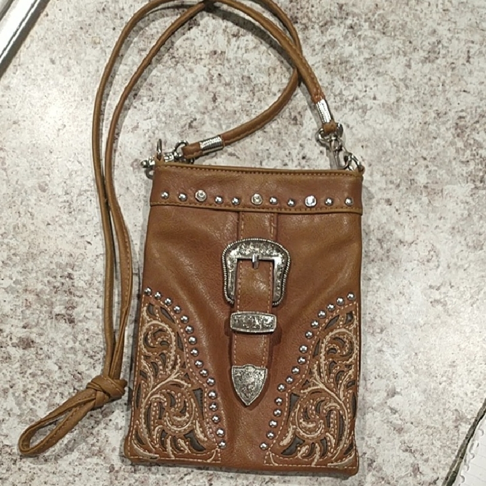 ⛵ 5$/15 American Bling Brown Leather Crossbody Bag with Embellishments